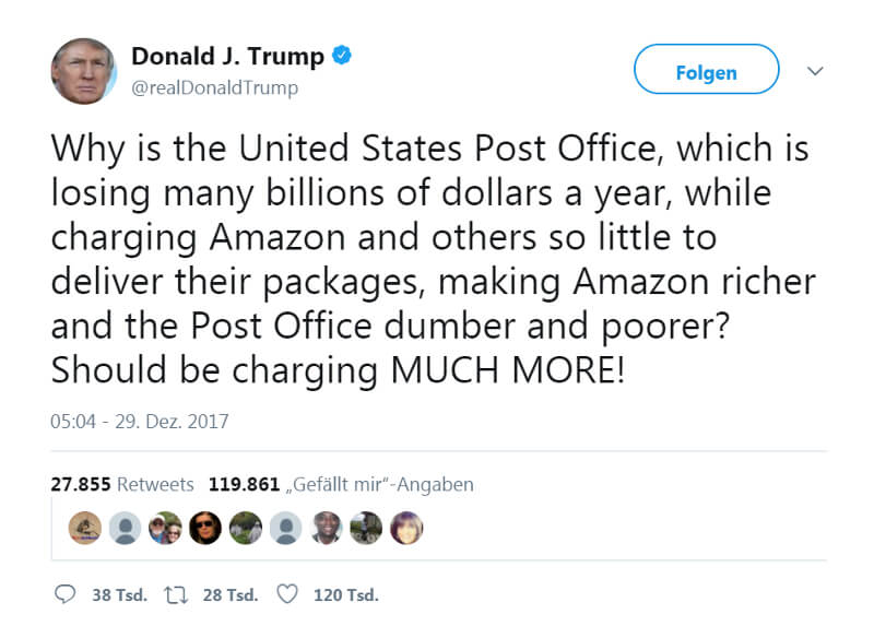 Screenshot: Twitter-Beitrag von Donald Trump zum Thema Amazon Versandkosten