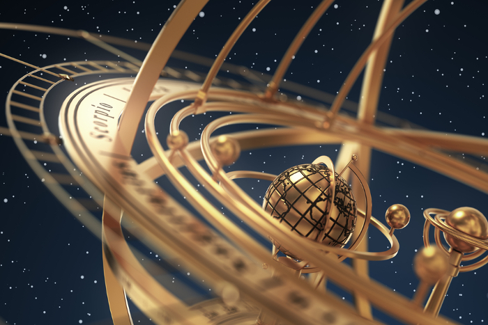 Horoskop: Armillarsphäre bzw. Weltmaschine vor Sternenhimmel