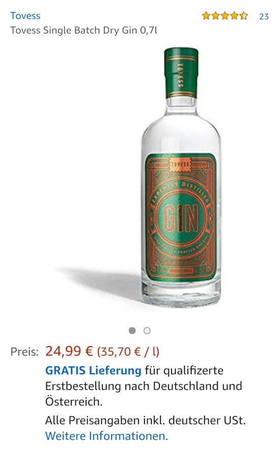 Screenshot der Amazon-Produktseite: Gin der Marke Tovess