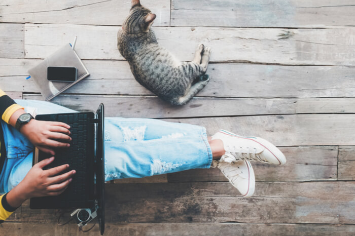 Homeoffice: Mitarbeiterin sitzt mit Laptop und Katze auf dem Fußboden