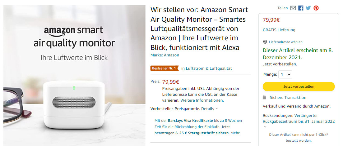 Amazon Smart Air Quality Monitor: Produktseite bei Amazon