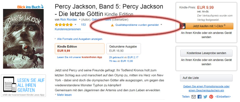 Warnhinweis bei Amazon: Percy Jackson