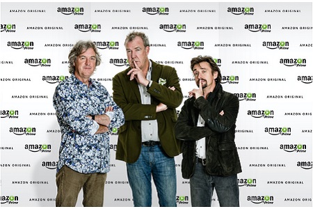 Clarkson, May und Hammond vor einer Amazon-Wand